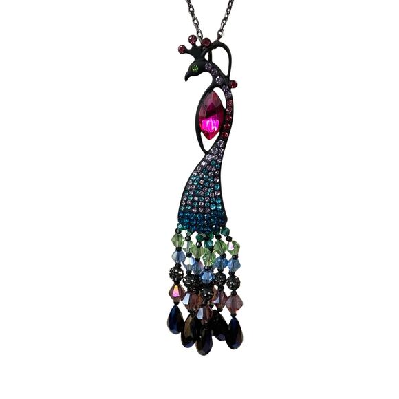 Betsey Johnson Multi Color Peacock Glass Beads Necklace 28 Inches - Picture 9 of 12